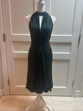 Silk Just Cavalli Dark Green Halter Ruched Midi Dress